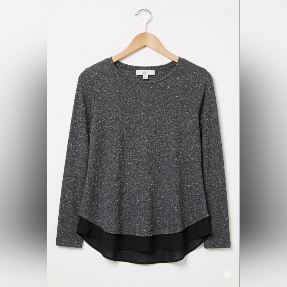 LOFT Charcoal And White Spec Long Sleeve Top with Black Hem~Size Medium